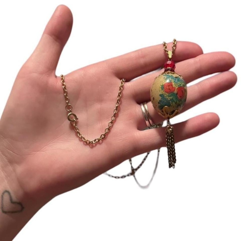 hand painted quail egg pendant necklace with gold-tone chain necklace, whimsy